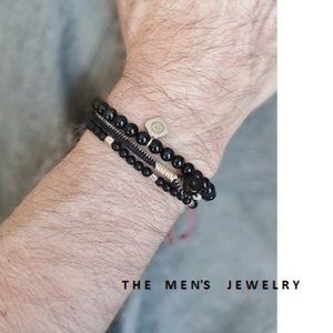 New men's obsidian stone with onyx & silver and hand woven 3 pieces set bracelet